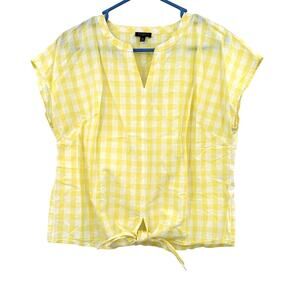 Talbots Size Medium Petite Blouse Yellow Plaid Cropped Cap Sleeve‎ Cottagecore